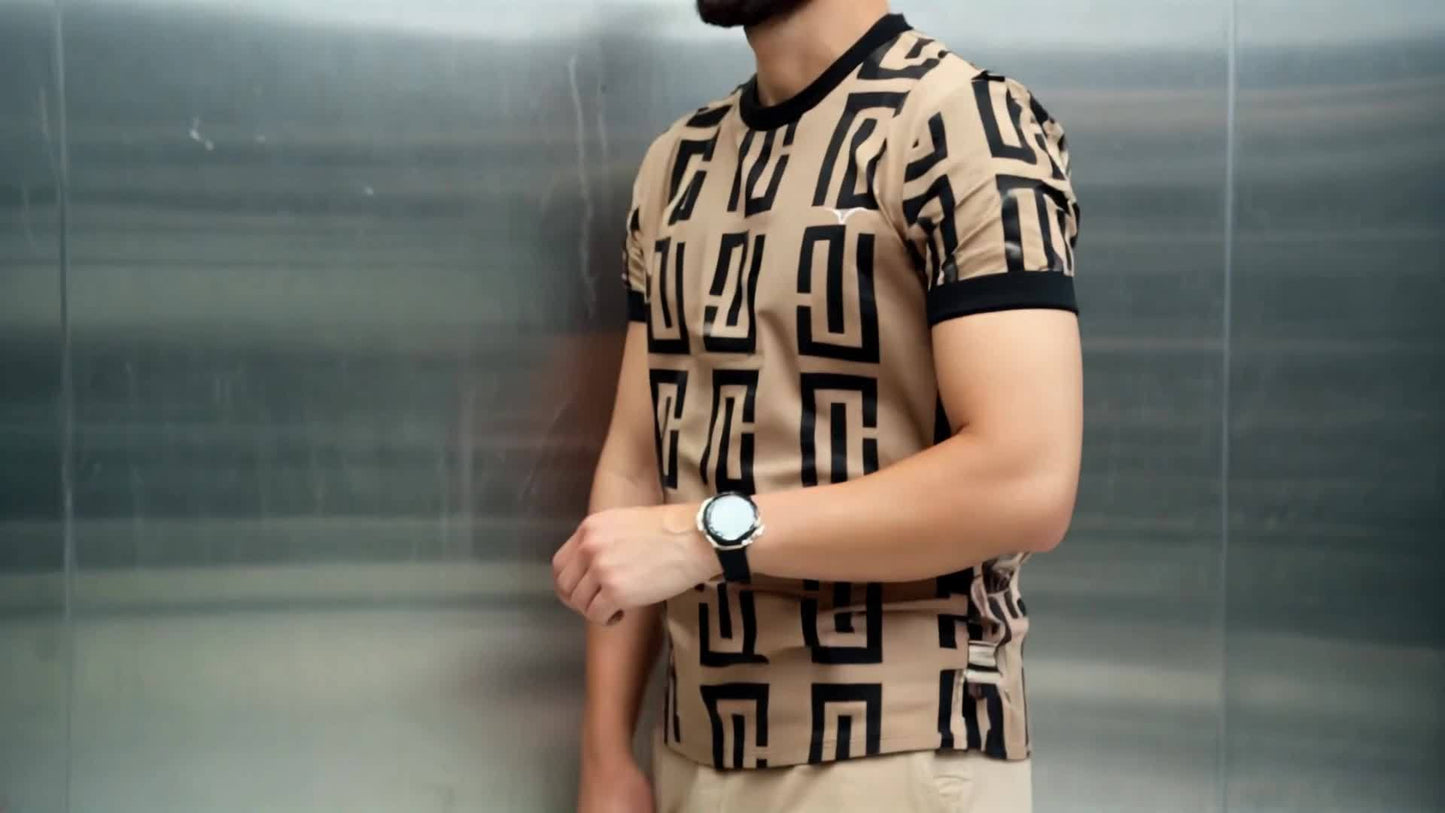 Men's Geometric Print T-Shirt - Stylish Black Gray Pattern, Short Sleeve, Round Neck, Breathable Fabric, Perfect for Casual or Formal Wear, Versatile Clothing Modern Look Comfortable Fit