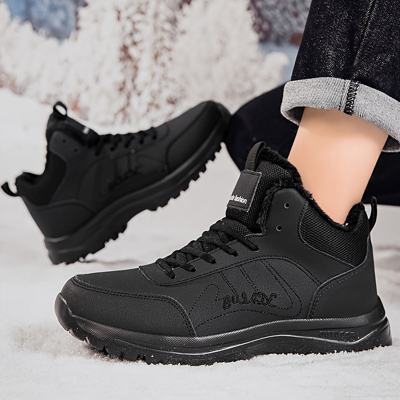 Men's Mid-Top Outdoor Sneakers | Plush Lining for Warmth | Durable MD Sole | All-Season Comfort | Stylish Black | Casual Walking Shoes with Hook & Loop Fastener | Ideal for Travel and Everyday Use