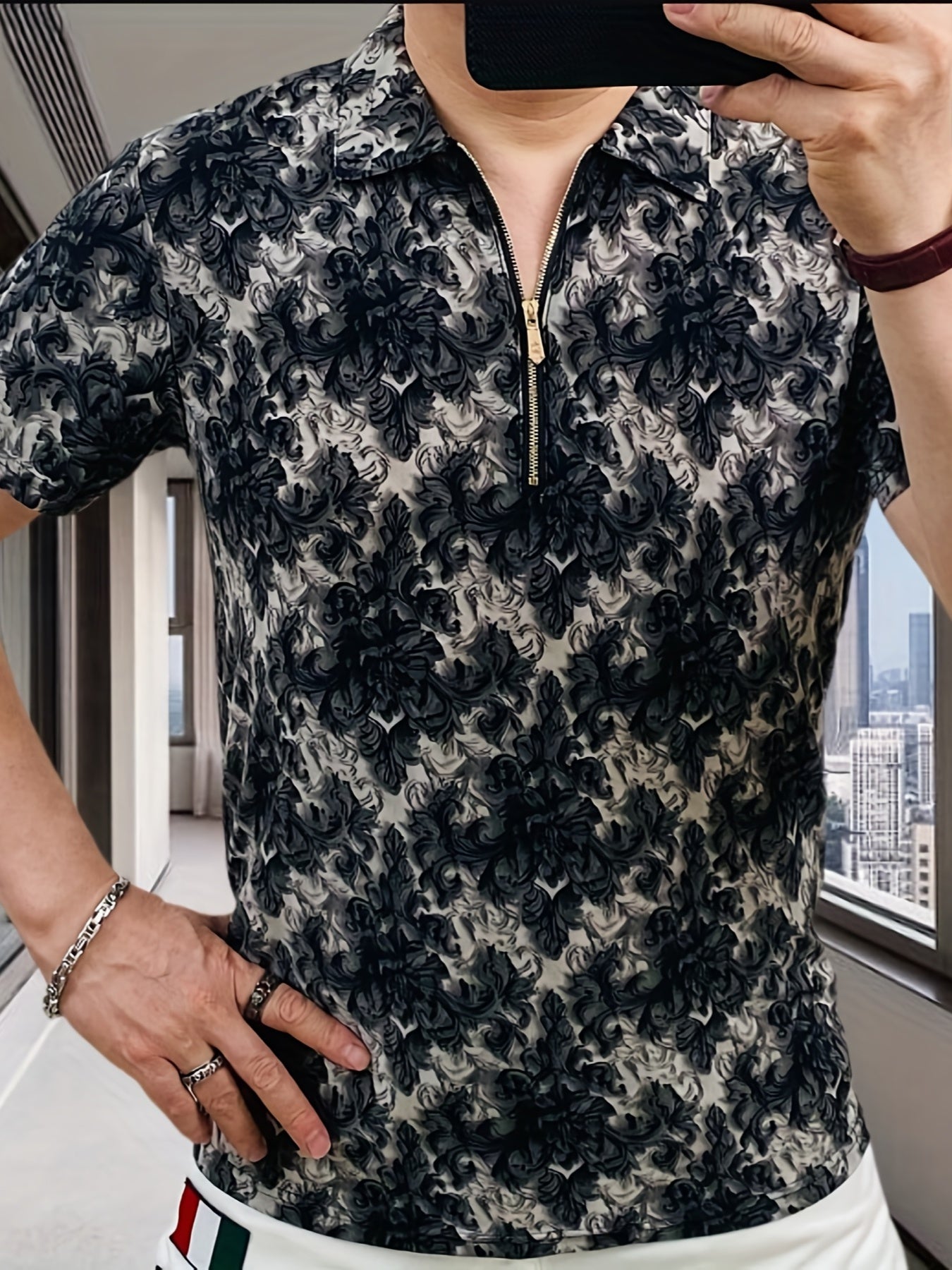Men's Short Sleeve Shirt with Zipper Front - Black White Floral Print Summer Casual T-Shirt, Breathable Stand Collar, Regular Fit for Casual Attire, Easy Care Fabric