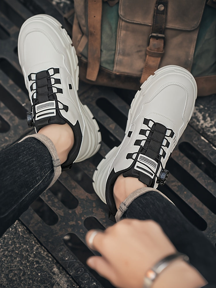 Men's Solid Color Skate Sneakers - Adjustable Rotating Buckle Straps, Slip-Resistant PVC Sole Durable PU Upper, Low-Top Lace-Up Design for Hiking, Walking, Daily Wear - All-Season Casual Streetwear Shoes, Skate Shoes