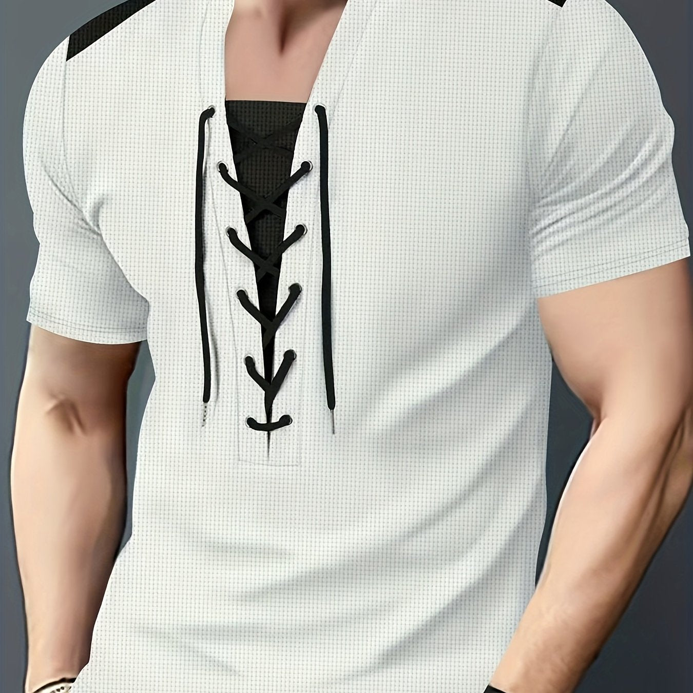 Men'S Casual Waffle Knit Short Sleeve T-Shirt with Drawstring Detail - Maroon Black, Round Neck, Breathable Polyester Fabric for Summer Outings, Casual Weekend Wear Round Neck Tee Stylish Contrast Stitchin