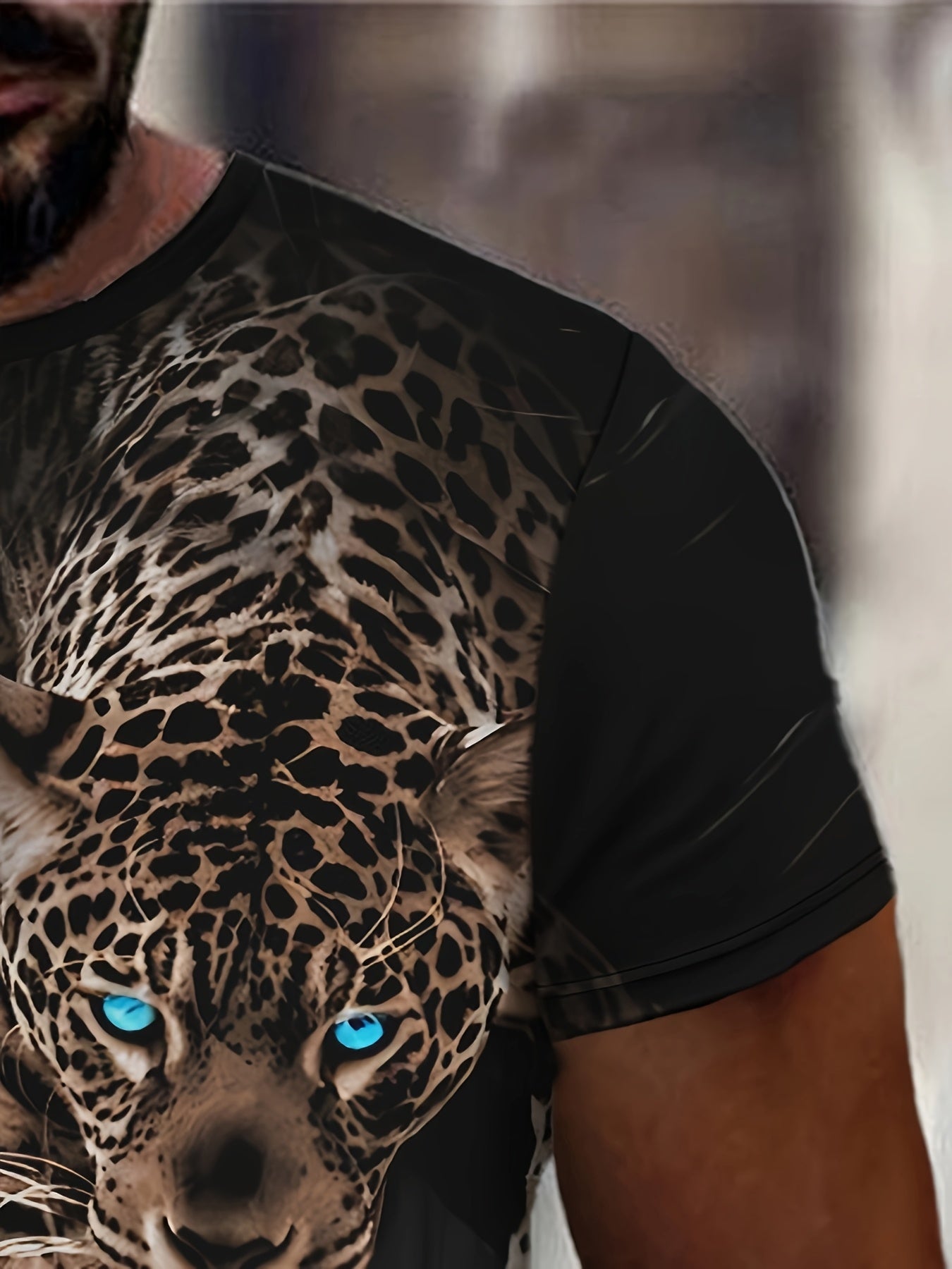 Men's Black T-Shirt with Bold Leopard Face Graphic - Short Sleeve Round Neck Casual Shirt, Lightweight Summer Top for Gym, Everyday Formal Outfits - Machine Washable Bold Animal Print Tee, Comfortable Fit