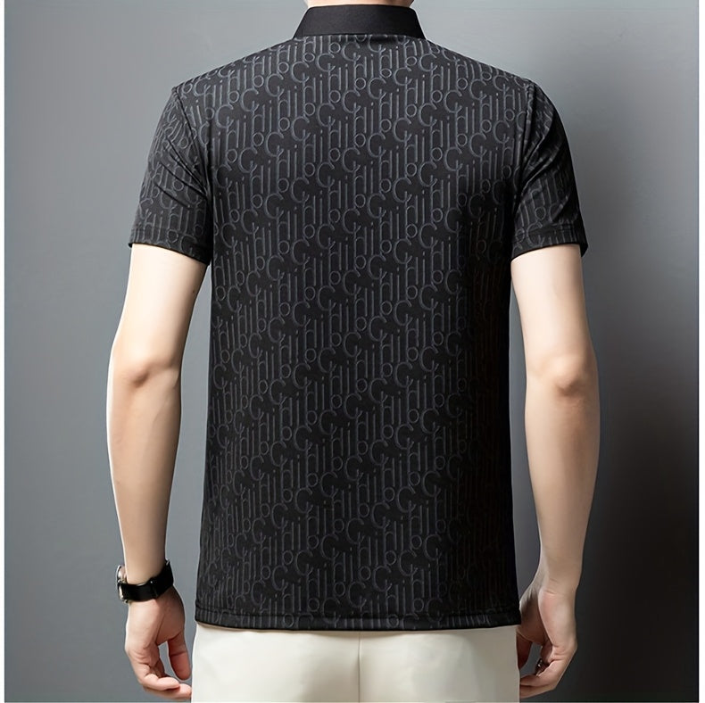 Men'S Casual Summer Short Sleeve T-Shirt with "Gil" Letter Print, Light Gray, Button-Up Collar, Medium Stretch Fabric, Regular Fit, Perfect for Weekend Outings, Relaxed Outing Shirt Letter Print Tee Medium Stretch Fabric