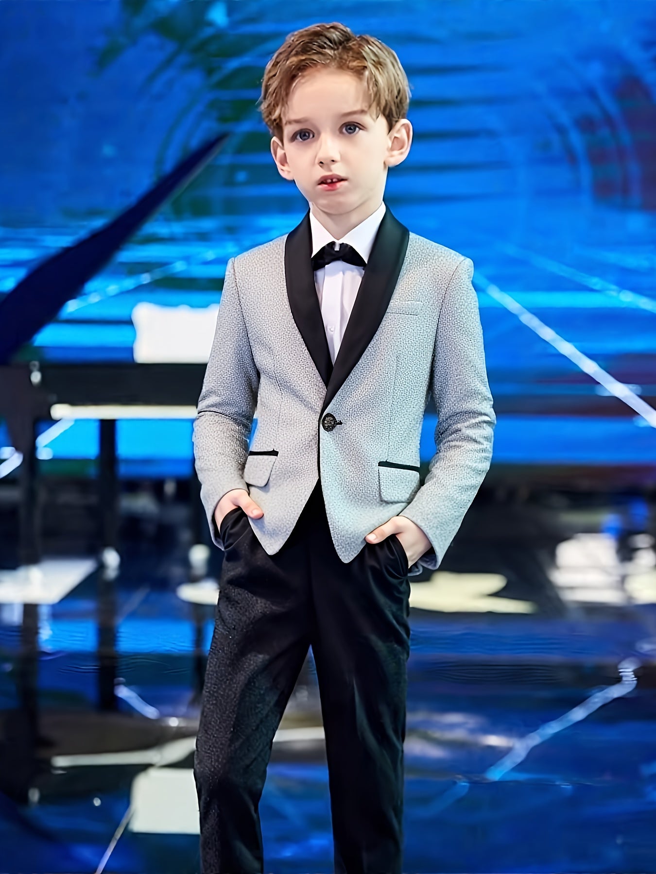 Boys' All-Season Skinny Casual Sequin Suit with Shawl Collar