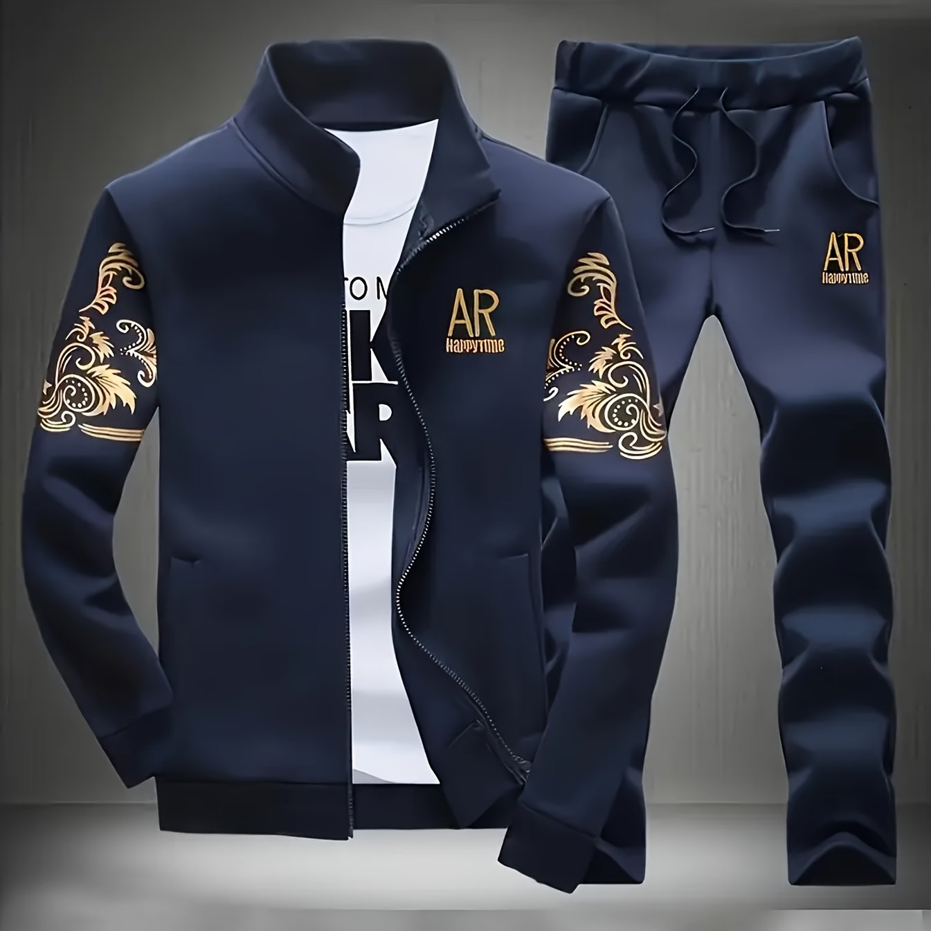 New Spring and Autumn Men's Sports Casual Suit, Trendy Fashion Stand-up Collar Long Sleeve Jacket Two-piece Set