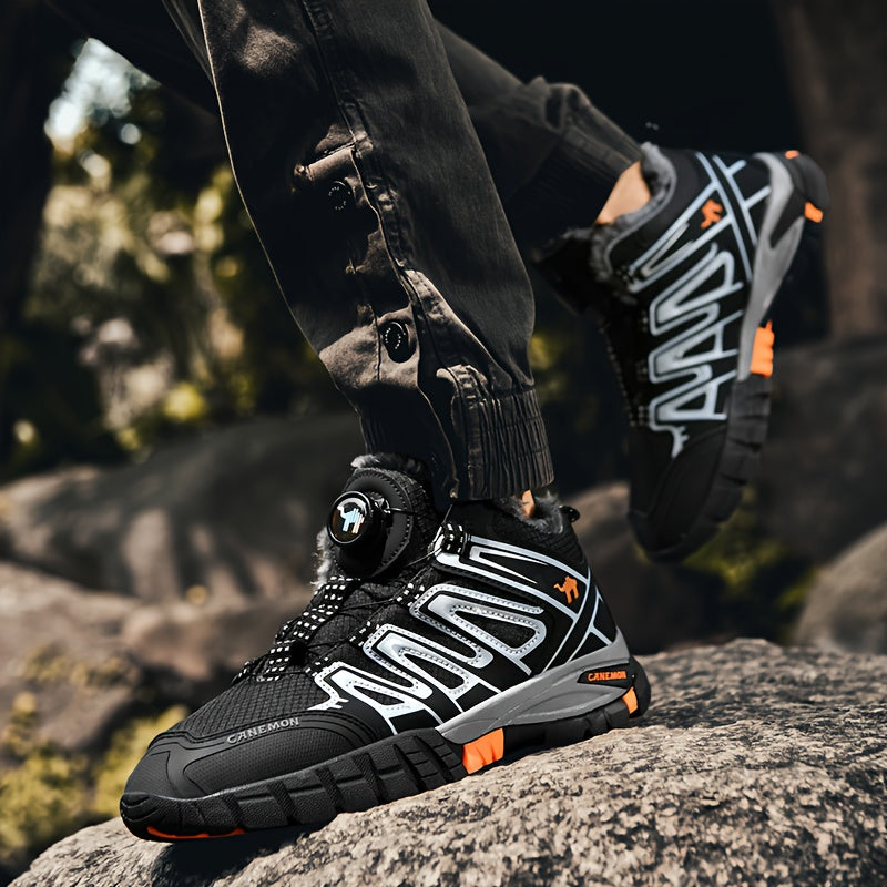 CANEMON Men's Winter Snow Shoes - Thermal Traction TPR Sole, Mid-Calf Height, djustable Strap & Buckles, Warm for Ice, Sports, Trekking - Black/Orange/White/Gray Cold-Weather Boots, Winter Boots For Men, Winter Shoes For Men,