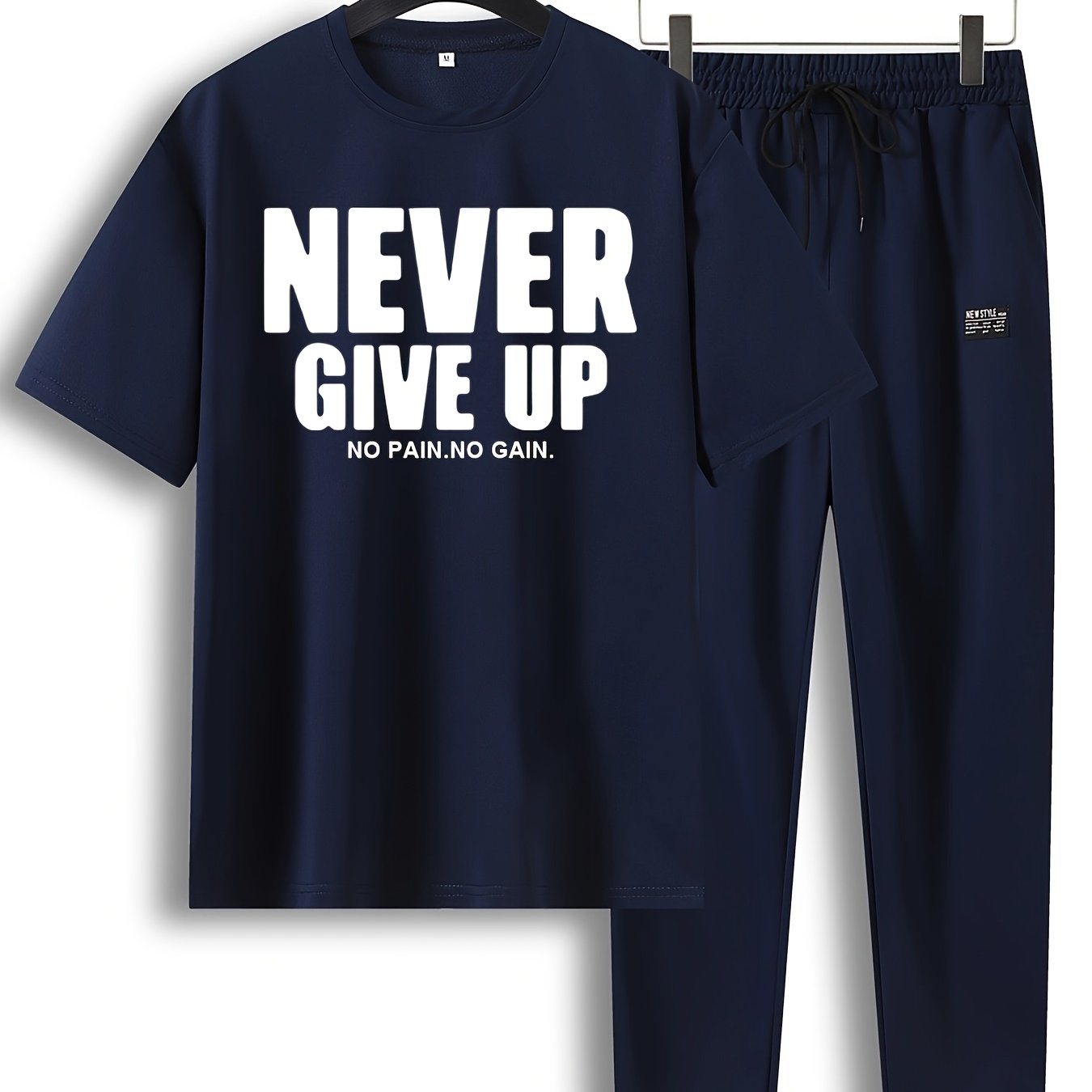 Men'S 2pcs Summer Never Give Up Casual T-Shirt & Jogger Set - Navy Blue with Inspirational Quote, Drawstring Waist, and Pockets - Perfect for Casual Outings and Sports, Jogging Pants