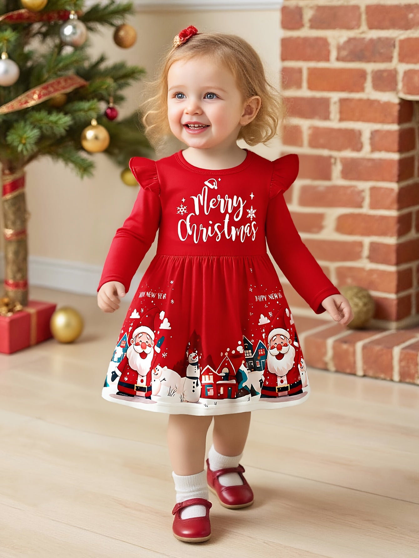 Festive Toddler Girl's Long Sleeve Ruffle Trim Dress with Santa and Snowman Print - Polyester Blend with Slight Stretch, Casual Knit Fabric Playwear for Spring/Fall