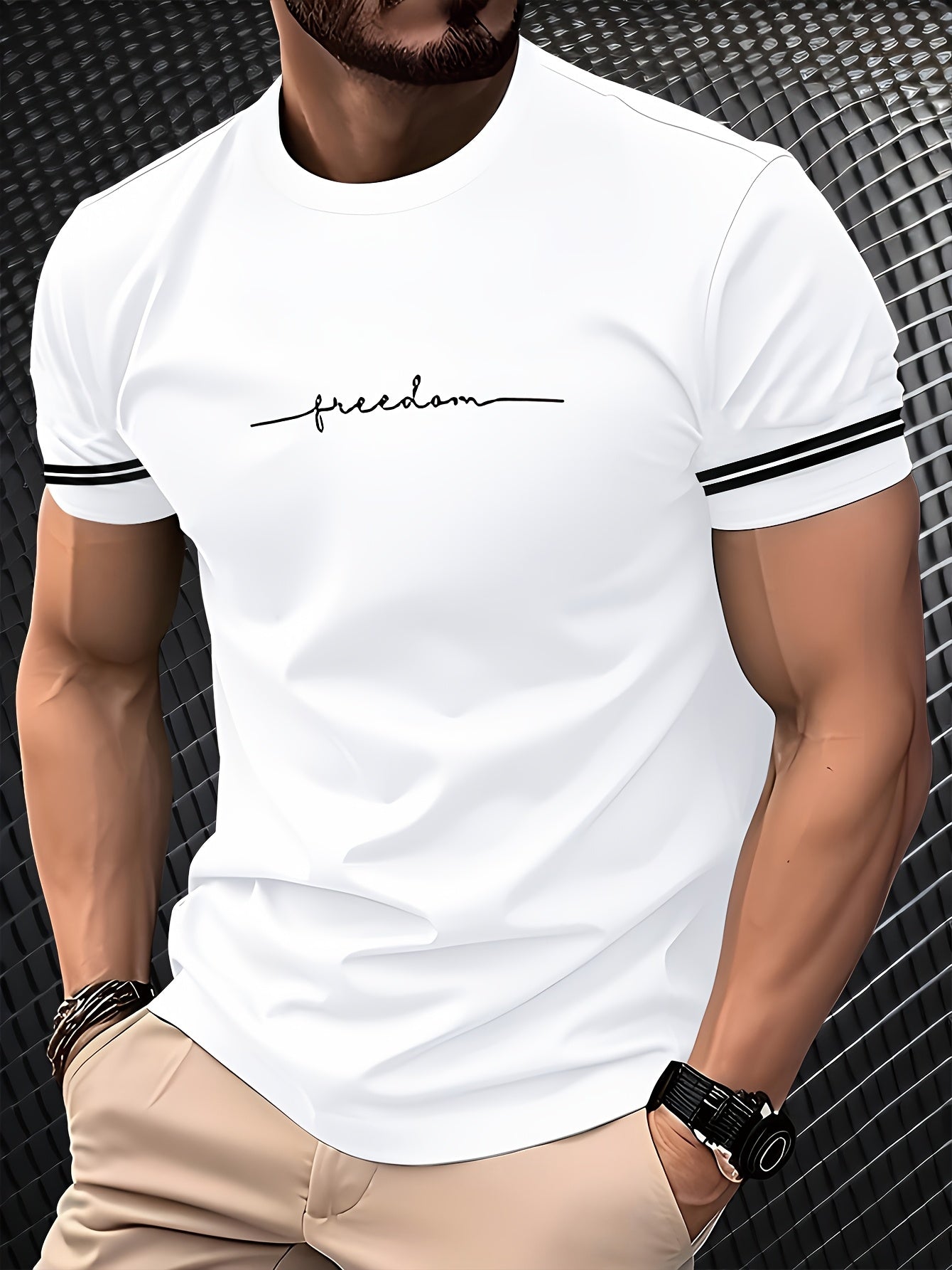 Men'S "Freedom" Graphic T-Shirt - Black Casual Crew Neck Tee with White Stripes, Breathable Polyester Blend, Regular Fit for Casual Attire, Everyday Tshirt Bold Print Tee Comfortable Fit, Knit