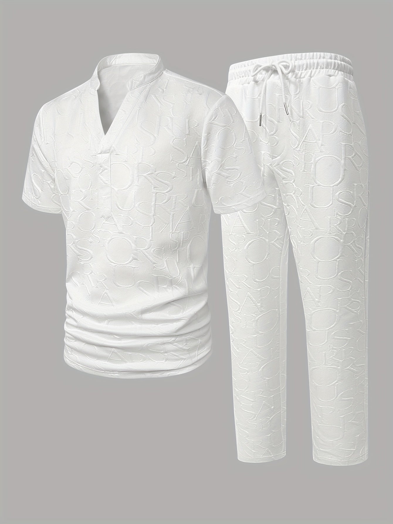 Men'S Stand Collar Loose V-Neck and Drawstring Waist Pants Henley Shirt Set