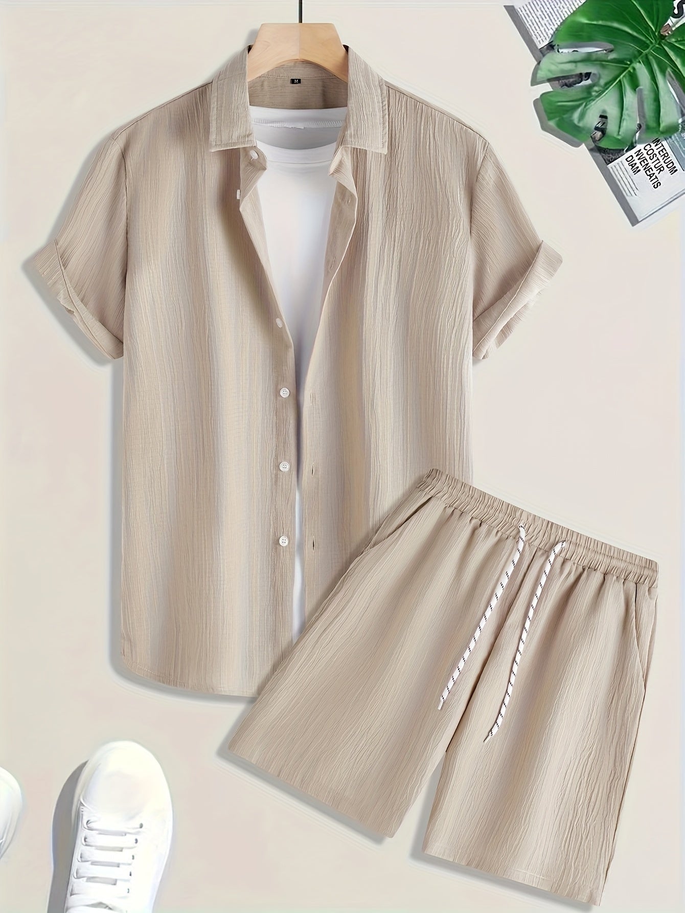 1085 Men's Solid Color Short Sleeve Button- Shirt and Shorts Casual Two-Piece Set