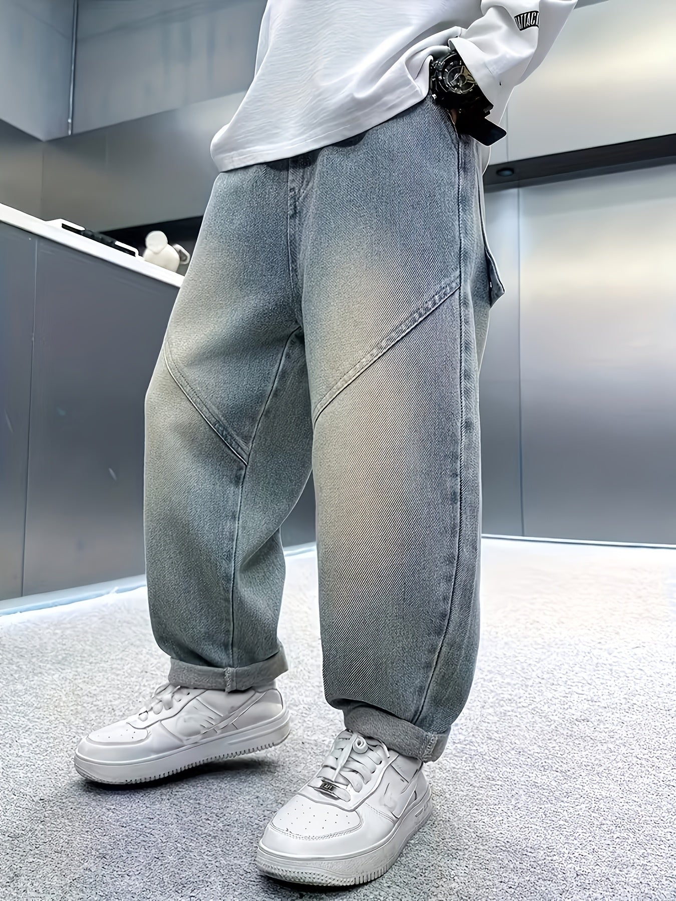 Casual Loose Straight Denim Pants for Boys with Large Pockets