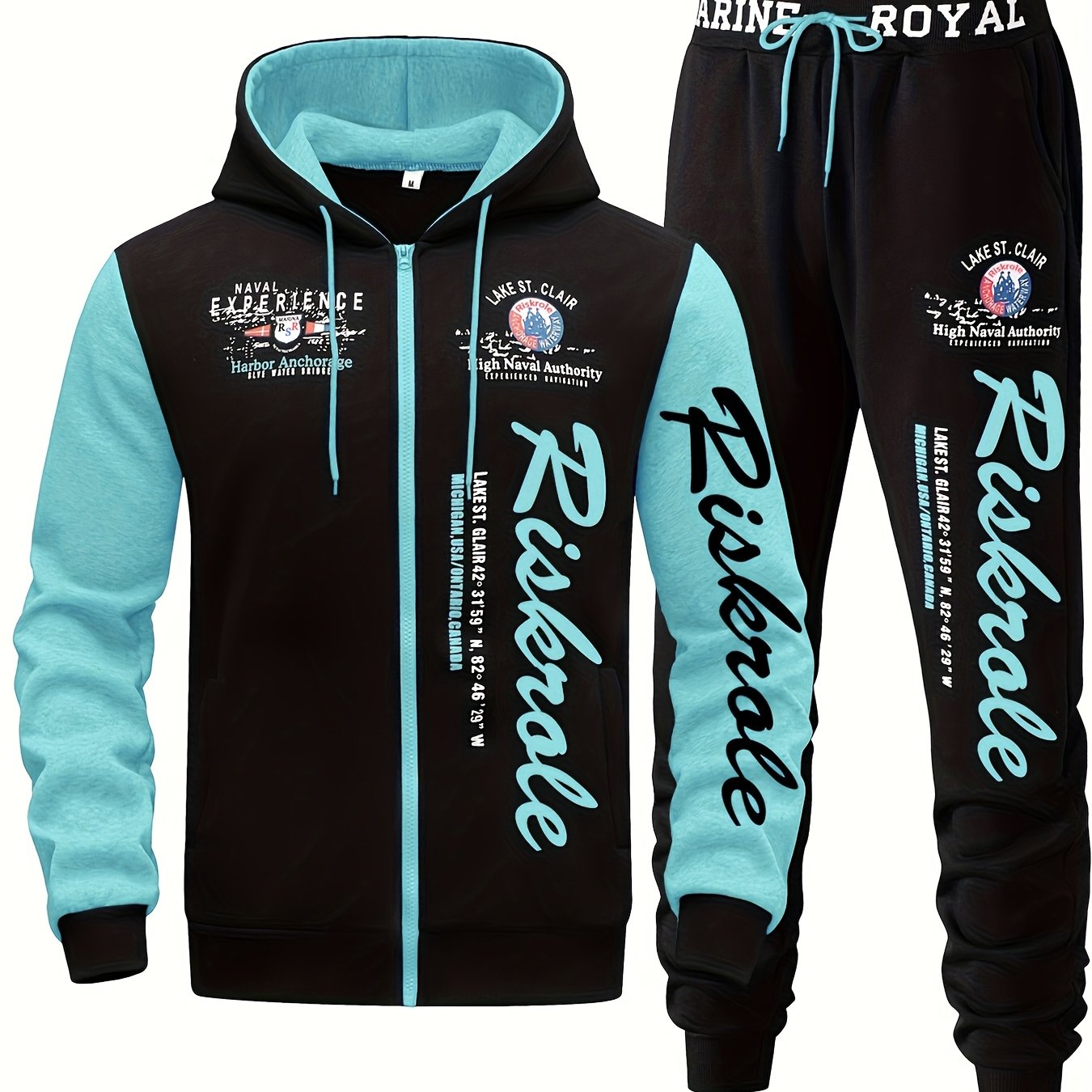 Men's Hooded Letter Print Tracksuit, 2pcs Casual Sports Set, Fashion Hoodie With Full-zip And Elastic-waist Pants, Regular Fit, Outdoor Cloth