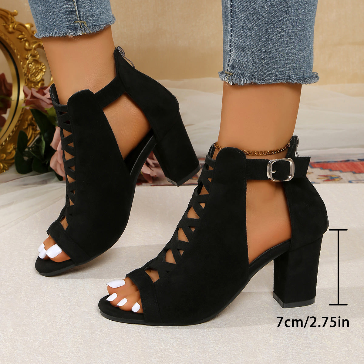 Women'S High-Top Block Heel Sandals - Stylish Black Open-Toe with Ankle Strap, Zipper Closure, and Cut-Out Design, Perfect for Casual or Formal Occasions, Casual Footwear High Heel Sandals Rubber Sole Sandals