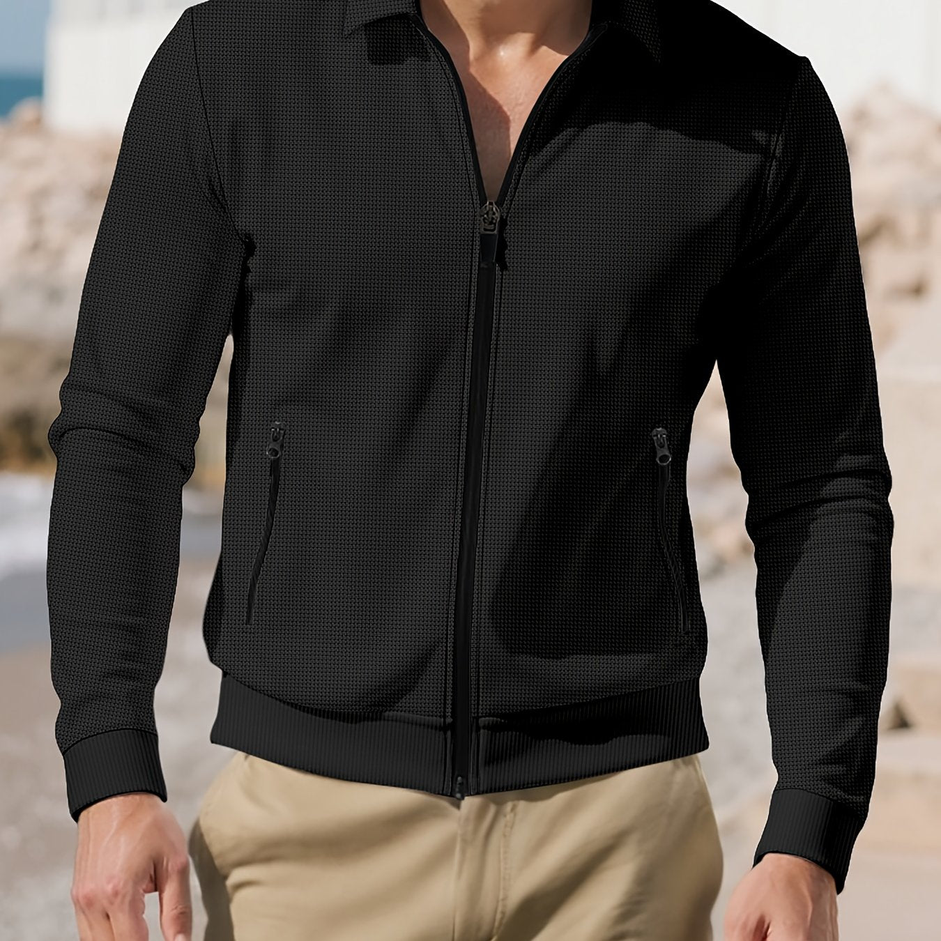 Men'S Lightweight Waffle-Knit Zip-Up Jacket - Casual Long Sleeve with Pockets, Loose Fit for Spring & Fall, Gray, Perfect for Outdoor Activities, Running, and Evening Outings, Spring Fall Clothing | Waffle Texture | Durable C