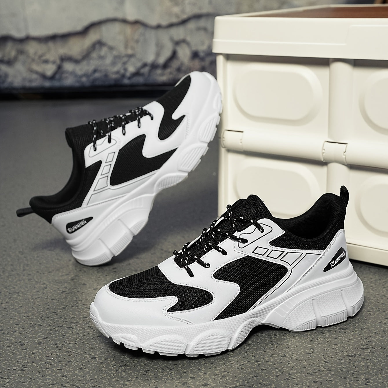 Men's Fashionable Black and White Sneakers - Retro Sports Shoes, Comfortable Outdoor Footwear