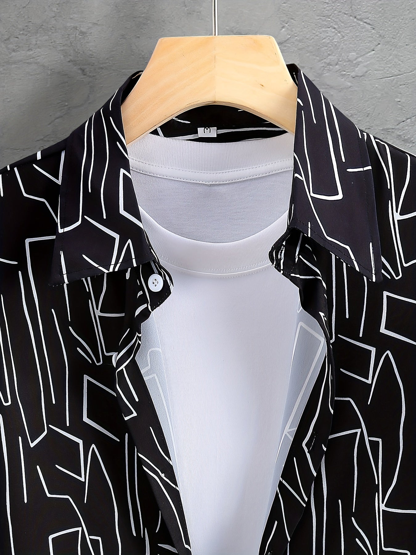 Men'S Summer Casual Short Sleeve Shirt and Shorts Set, Geometric Pattern, Square Neck, Regular Fit, 100% Polyester, Woven Fabric, 120g/m² - Black