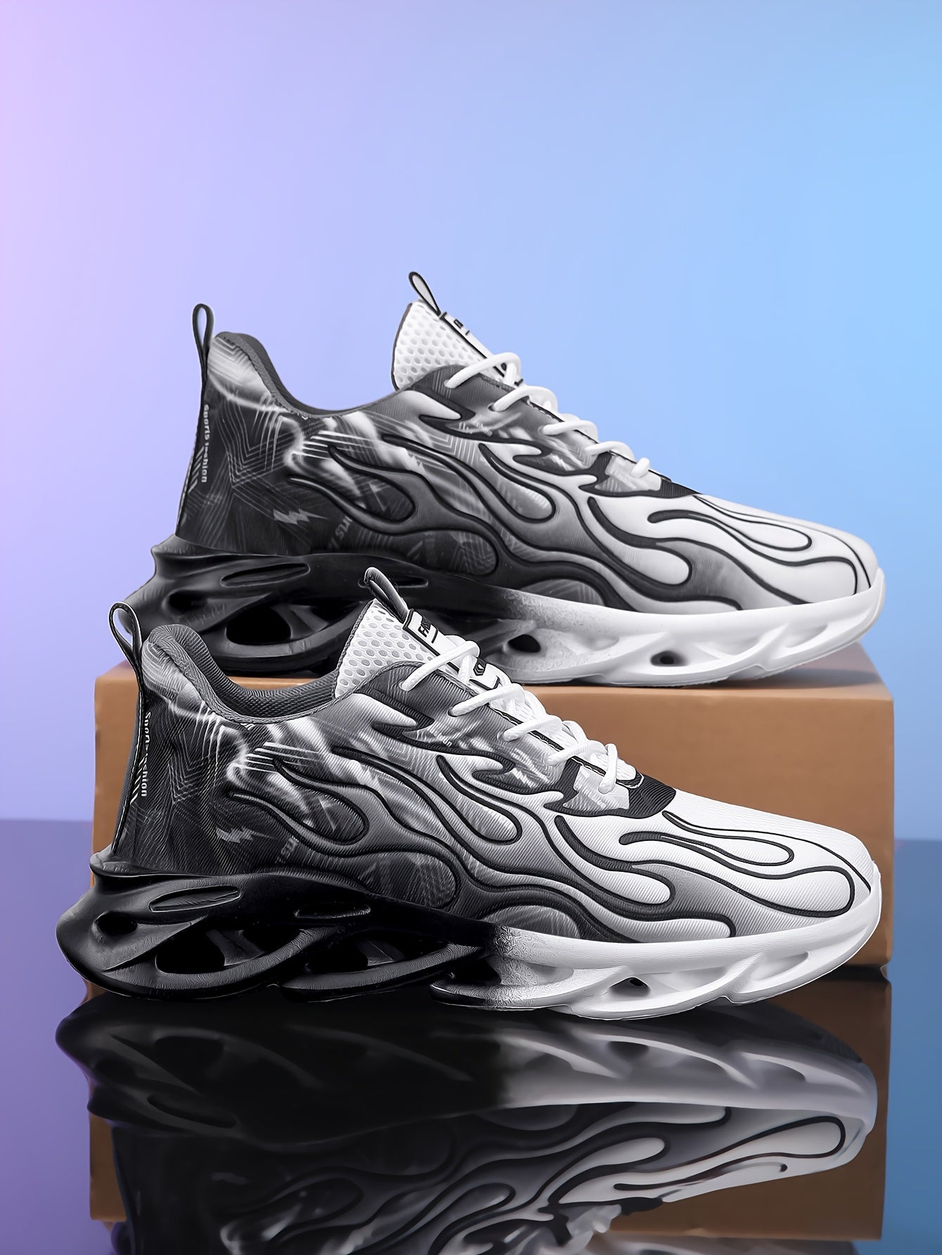 Trendy Black White Gradient Sneakers - Breathable Mesh, Thick Sole for Height Boost, Fashion Athletic Casual Running Shoes with Flame Design, Perfect for Students Casual Attire, High Top Sneakers