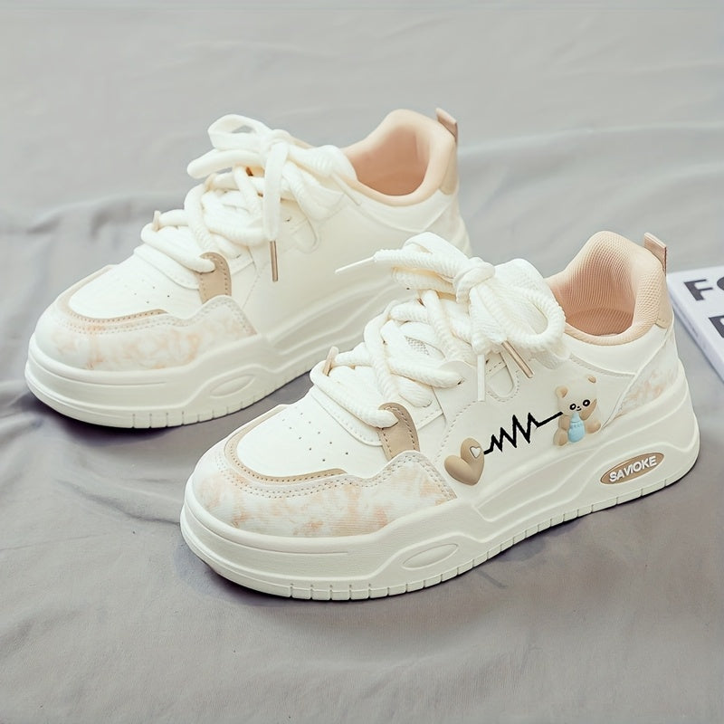 Women's White Mid-Top Sneakers with Bear Heart Stripes Design - PU Cover Upper, Thick Cushioned PVC Sole - Trendy Casual Shoes for All-Season Comfort