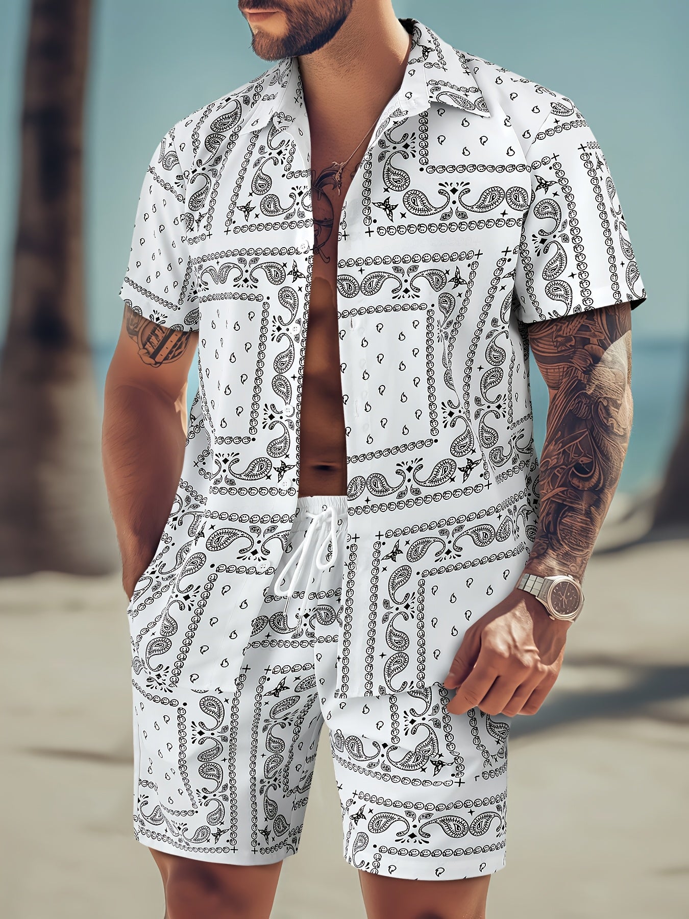 Men's Paisley Print Short Sleeve Shorts Single Button Shirt Suit with Elastic Cord and Pockets
