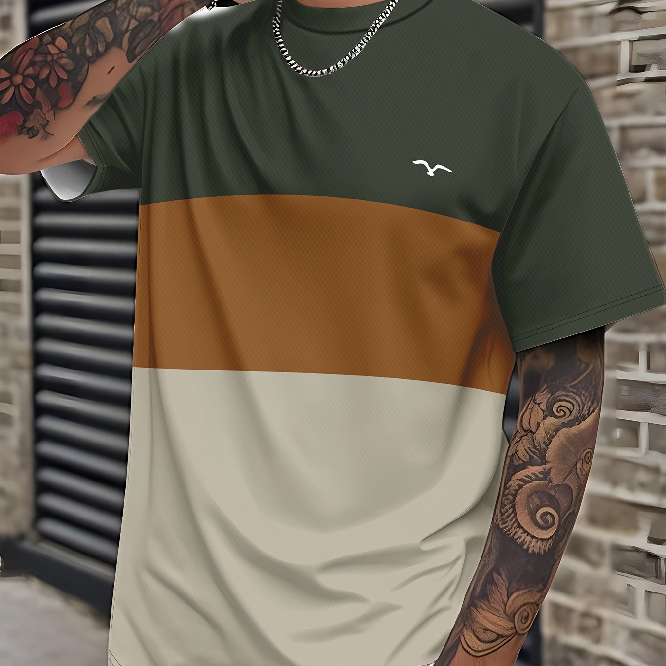 Men's Modern Fit T-Shirt - Dark Green to Beige/Ochre Color Transition, Machine Washable Casual Everyday Shirt for Parties Outings - Non-Transparent Fabric, Horizontal Stripe Design, Comfortable Fit Tee, Outing Attire, Trend