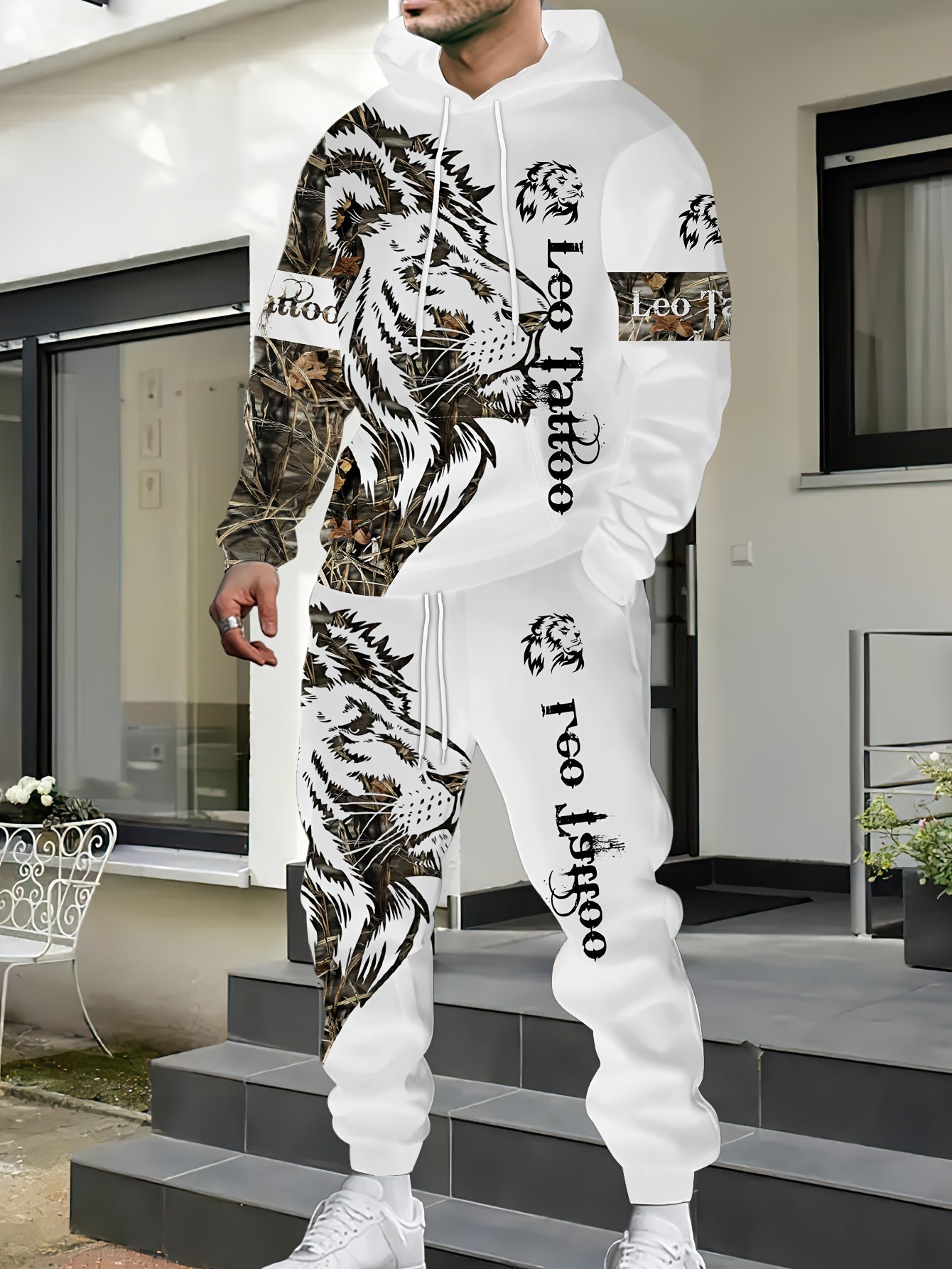1set Fashion Street Style Men'S Lion Letter Print Hoodie and Sweatpants Set, Casual Weekend Wear, Polyester Knit Fabric with Slight Stretch, Animal Pattern, Regular Fit, for Spring/Fall