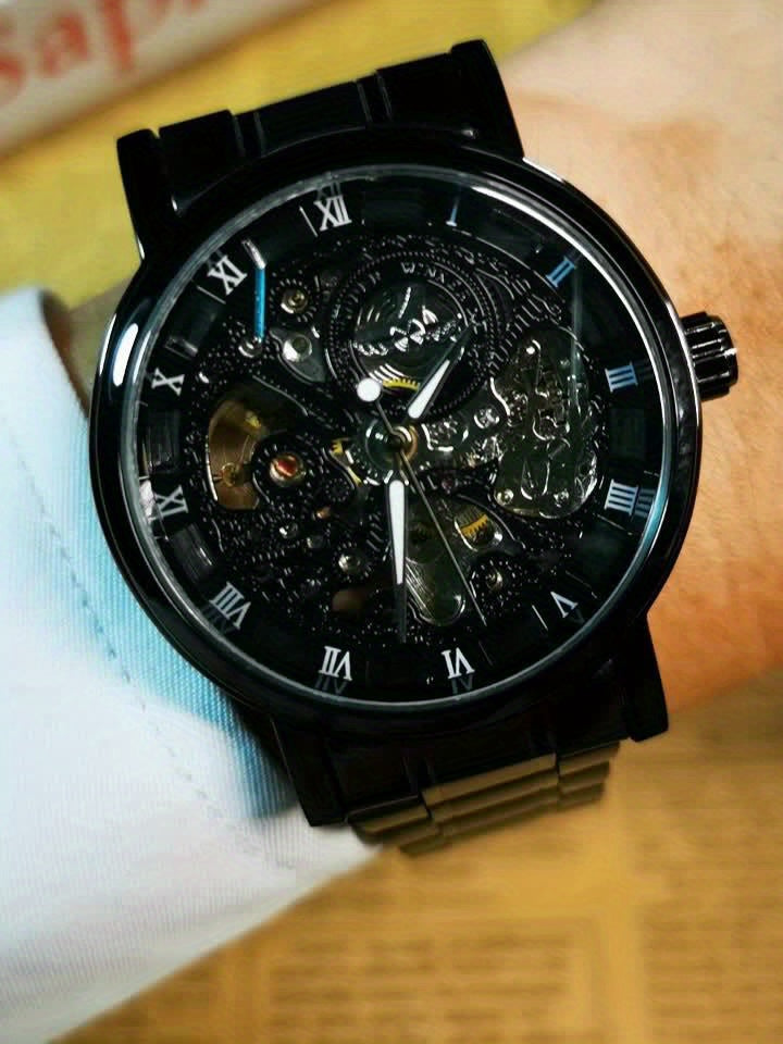 1pc T-WINNER Men'S Luxury Skeleton Automatic Mechanical Watch with Luminous Hands, Black Stainless Steel Strap & Roman Numerals - 3ATM High Quality, Business Casual Style, Includes Gift Box, Business Casual Watch | Skeleton W