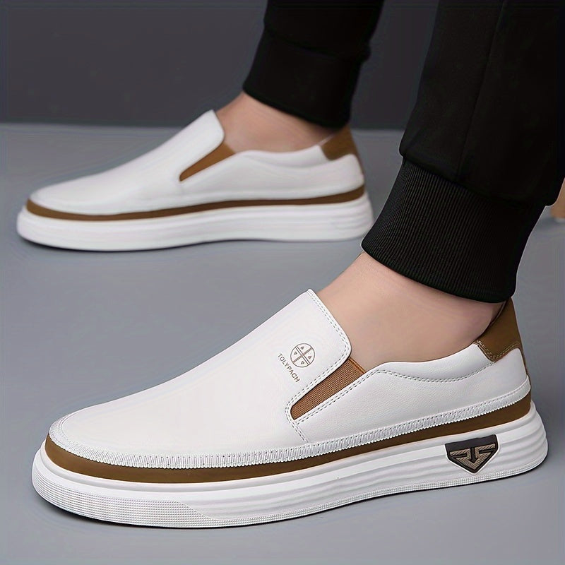 Men's Stylish Slip-On Loafers - Soft Upper, Non-Slip Rubber Sole, White with Brown & Golden Accents, Comfortable for Everyday Casual Wear, Vacation Shoes | Decorative Stitching | Synthetic Shoes, Dressy Shoes