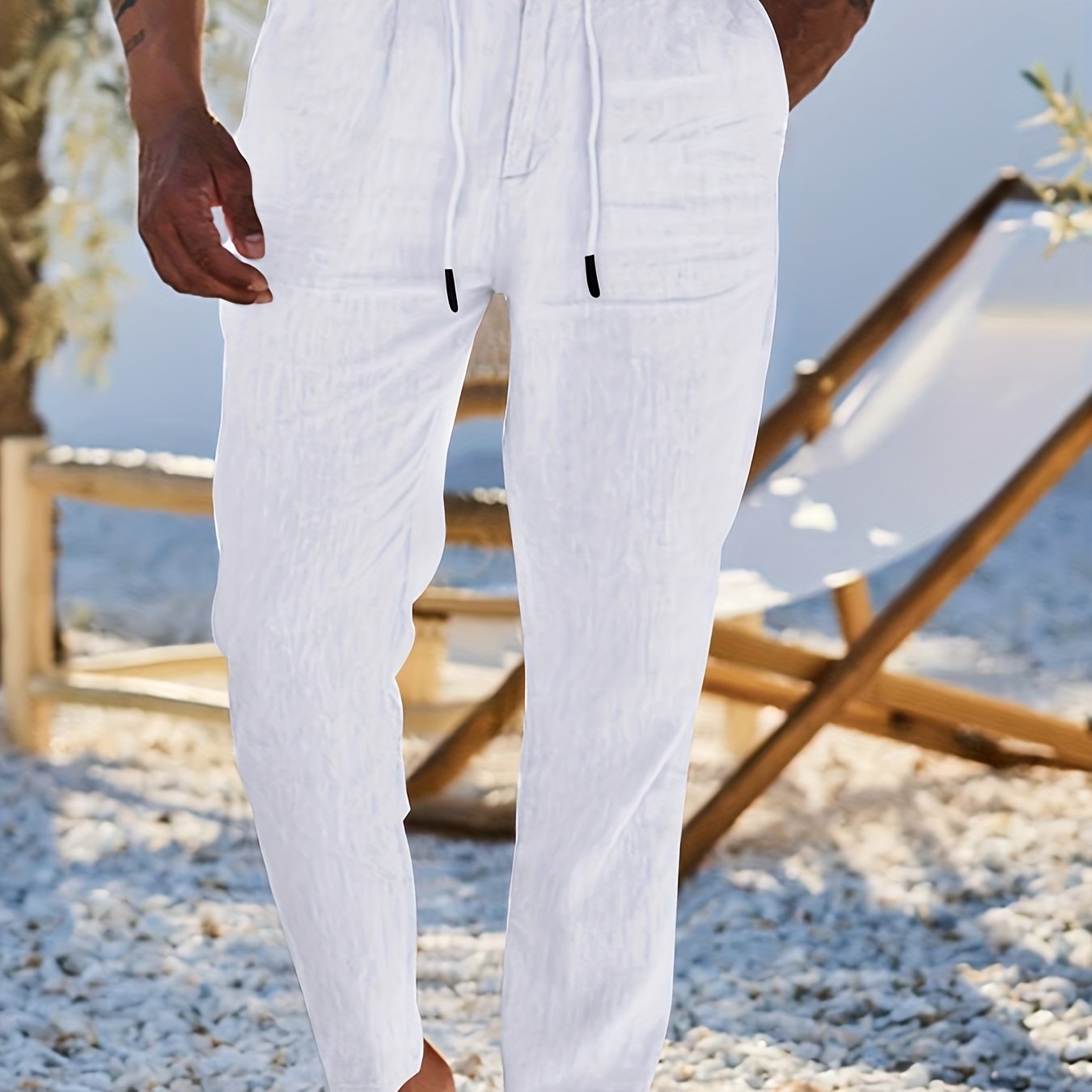 Men'S Casual Linen Drawstring Pants - Comfortable Straight Fit, Lightweight & Breathable for Beach & Outdoor Activities, Beach Casual Wear|Straight Fit Pants|Lightweight Fabric