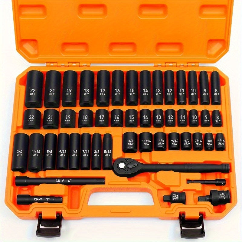 53/50pcs Chrome Vanadium Impact Socket Set, 3/8 Inch Drive, 6-Point Design, Includes SAE Sizes from 5/16 to 3/4 Inch and Metric Sizes from 8 to 22mm, with Ratchet Handle, Extension Bar, Adapter, and Glove