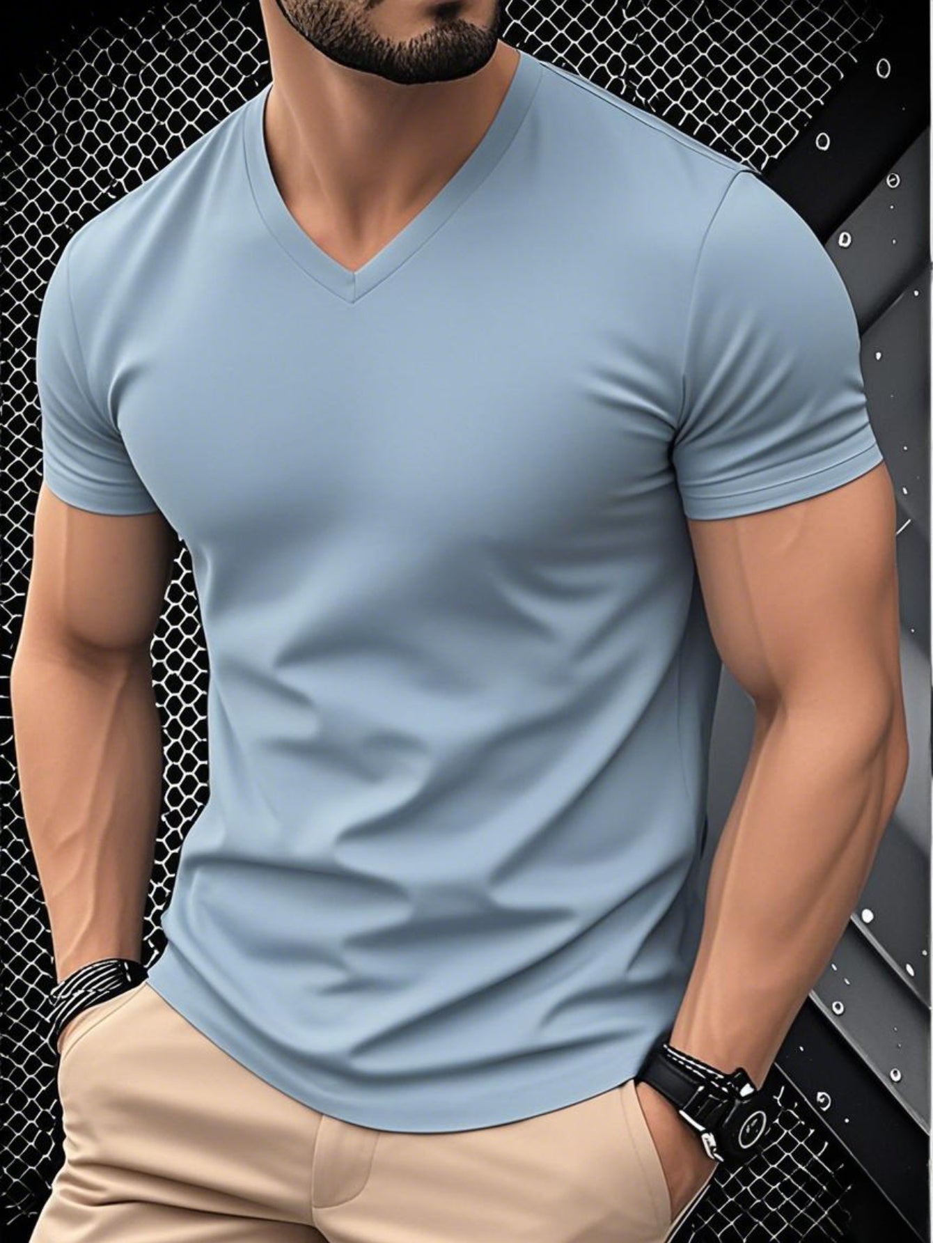1pc Men's Light Blue Solid Color V-Neck Casual T-Shirt - Breathable Regular Fit Short Sleeve Tee for Spring Summer, Gym, Office Casual Attire