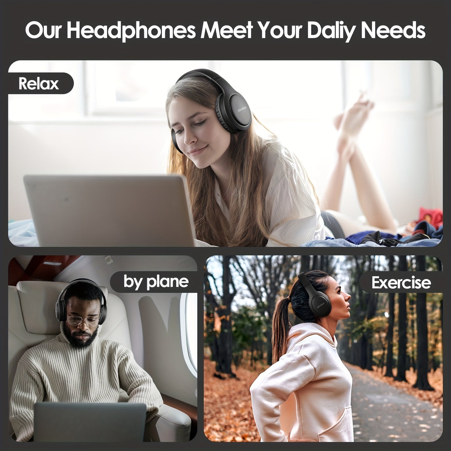 Siindoo JH919 Wireless Headset - 3EQ Sound Modes, High-Fidelity Stereo with Deep Bass - Lightweight, Foldable Design for Travel, Office Use, and Mobile Connectivity