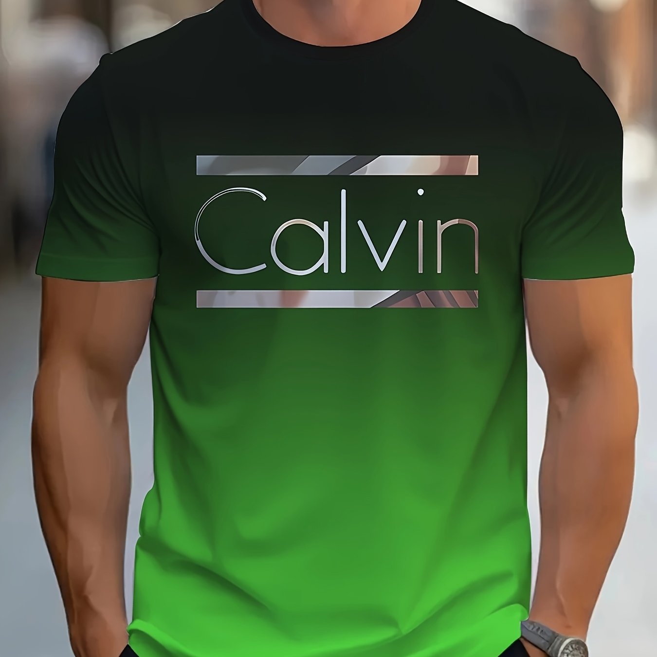 Men'S "Calvin" Graphic T-Shirt - Casual 3D Print Letter Tee with Geometric Design, Short Sleeve, Round Neck, Light Blue, Perfect for Summer, Everyday Sportswear, Casual Wear Tee Modern Casualwear Comfortable Fit