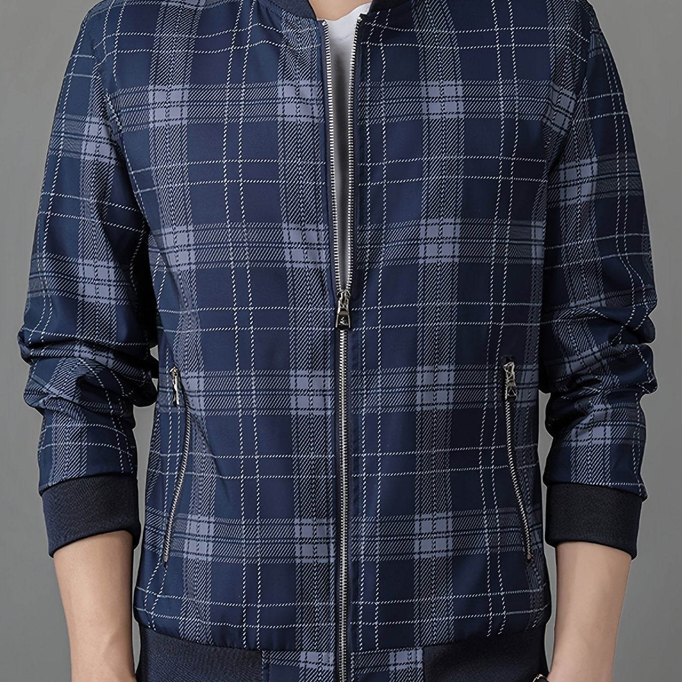 Men's Lightweight Baseball Jacket - Navy Blue & Black Plaid Zip-Up Coat, Non-Stretch Fabric for Formal & Casual Outfits - Spring/Fall Outerwear Jacket, Outdoor Wear, Classic Collar, Quality Stitching, Stylish Coat, Fashioncon
