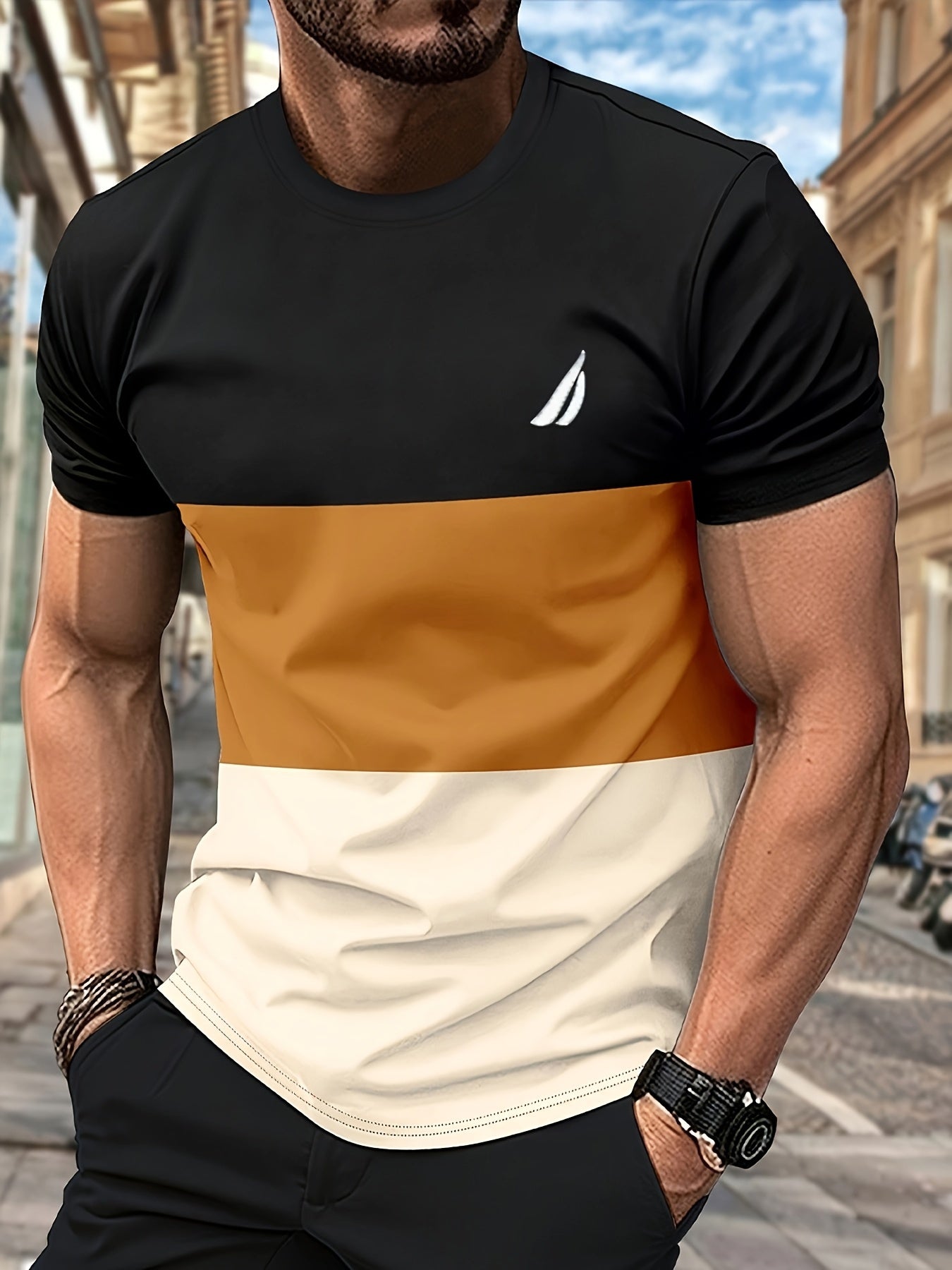 Men's Round Neck T-Shirt, Three-Color Patchwork Top with Asymmetric Double Stripes, Trendy Comfortable Breathable High-Quality Factory-Made Casual Fit