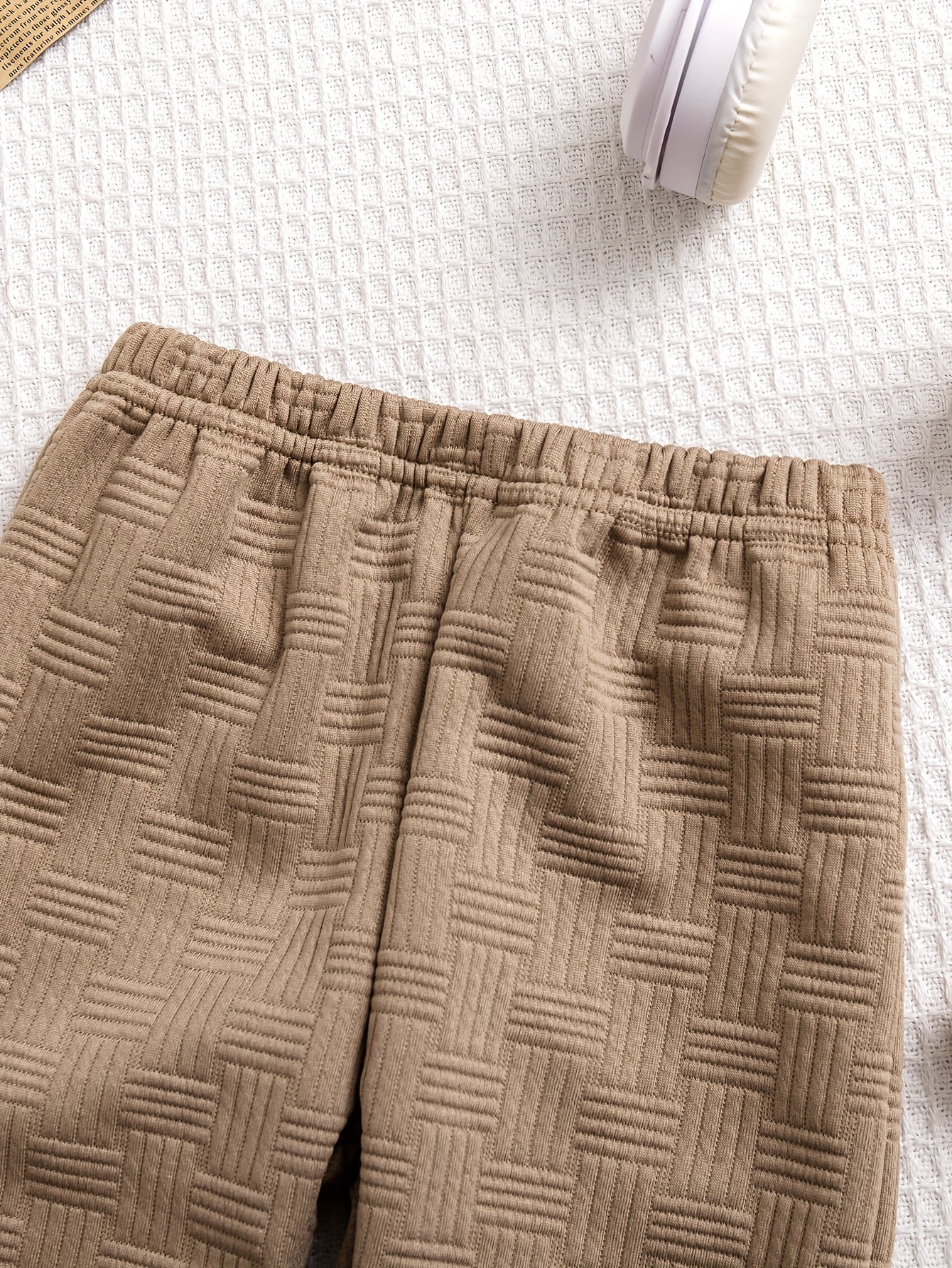 2pcs Boys' Autumn/Winter New Ribbed Patchwork Cute Bear Panda Collar Jacquard Solid Sweatshirt and Solid Jacquard Pants Casual Fashion Set, Perfect for Outdoor