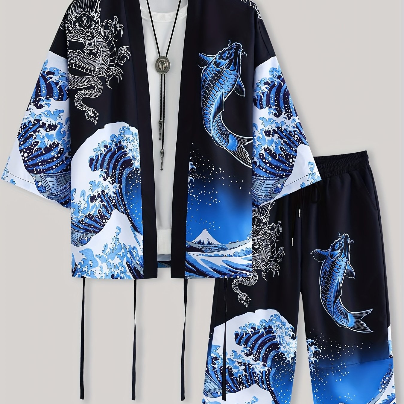 Men's Kimono Set with Carp Leaping Over the Dragon Gate Pattern