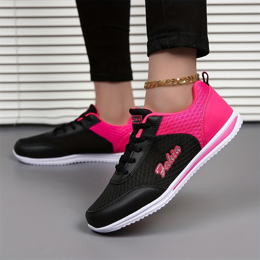 Women'S Breathable Lightweight Running Shoes - Black Pink Checkered Design, Low-Top Lace-Up Sneakers with EVA Sole for Casual, Travel Light Jogging, All-Season Comfort, Ladies Sneakers, Stylish Sportswear, Cushioned Suppo