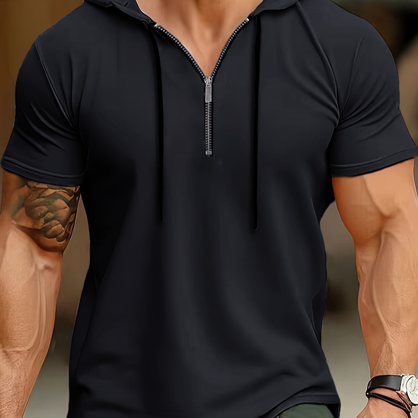 1pc Men's Light Blue Casual Hooded Short Sleeve T-Shirt with 1/4 Zipper, Breathable Stretch Fabric for Gym, Outdoor Summer Wear, Gym Apparel, Stylish Contrast Detailing, Comfortable Fit