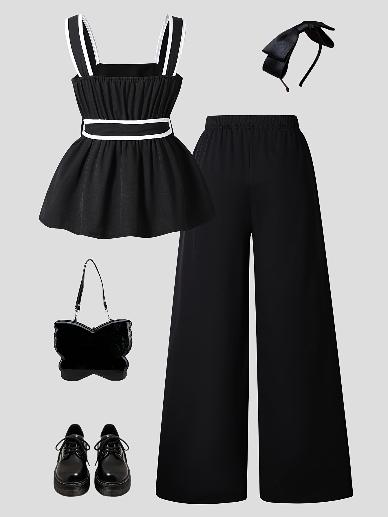 Girls' Elegant Black & White Sleeveless Tank Top with Wide-Leg Pants S