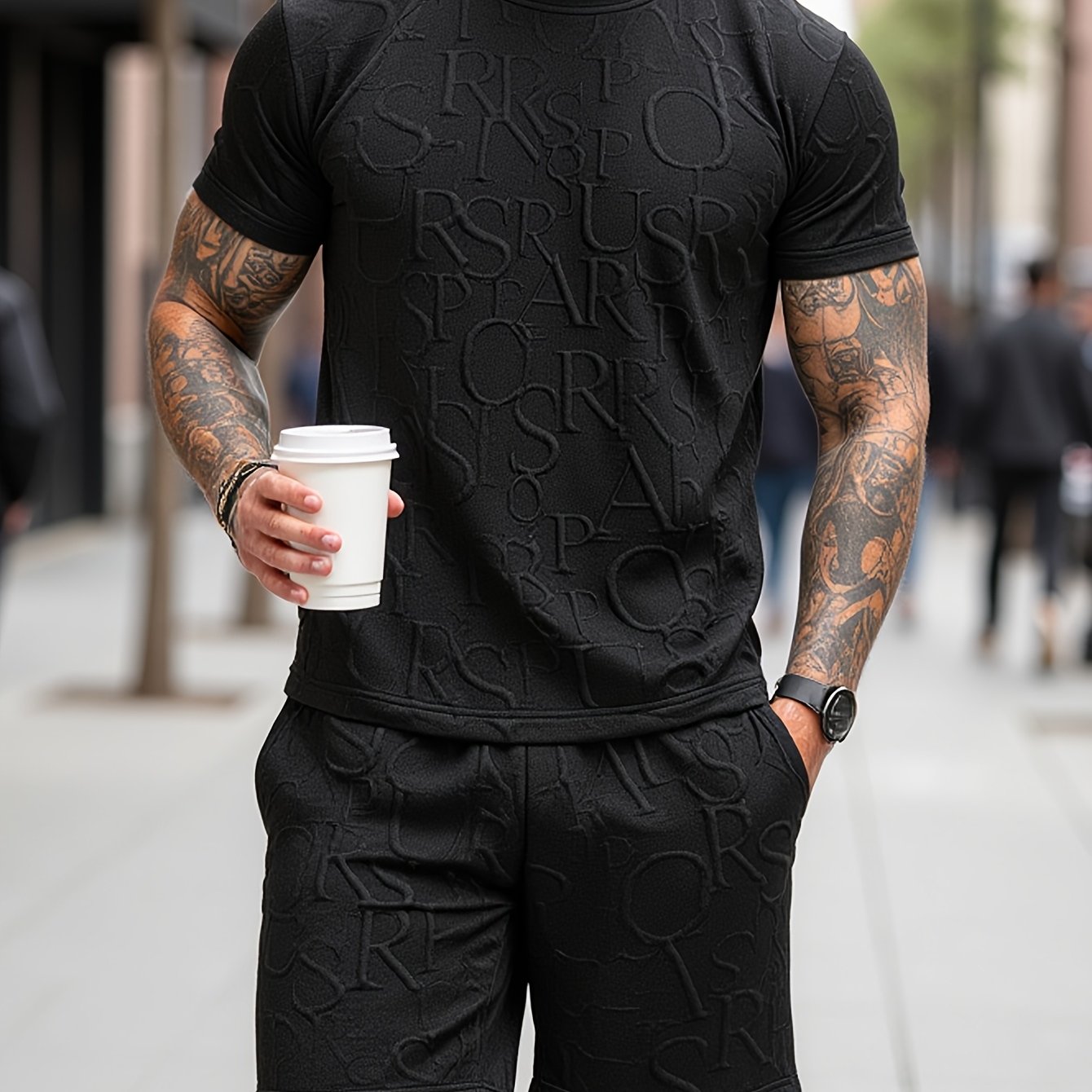 European and American Style Men's Fashion Set with Letter Pattern Round Neck Short Sleeve T-shirt + Shorts