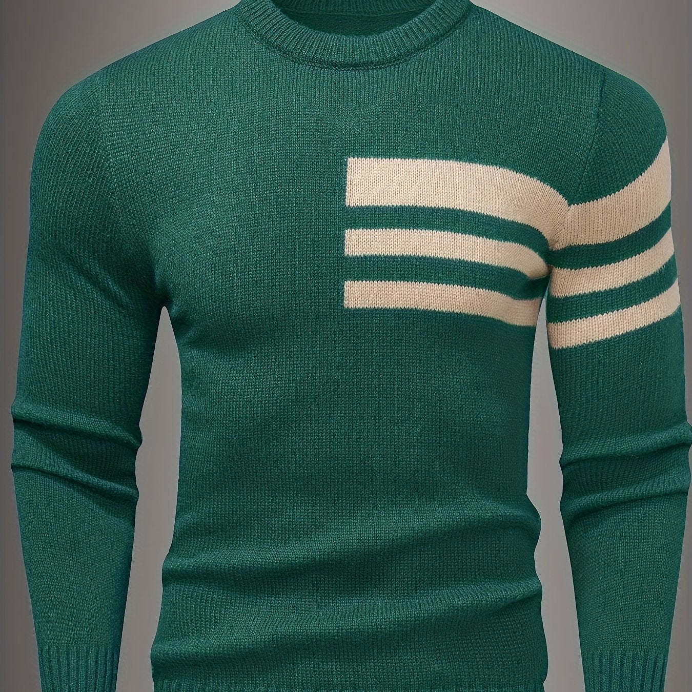 Men's Brown & Striped Sweater - Soft Round Neck Cable-Knit Winter Sweater with White Piping, Machine Washable Casual Pullover for Fall & Winter, Brown/Beige Horizontal Stripes, Ribbed Cuffs & Hem, Stylish Men's Sweater for Ev - ayq