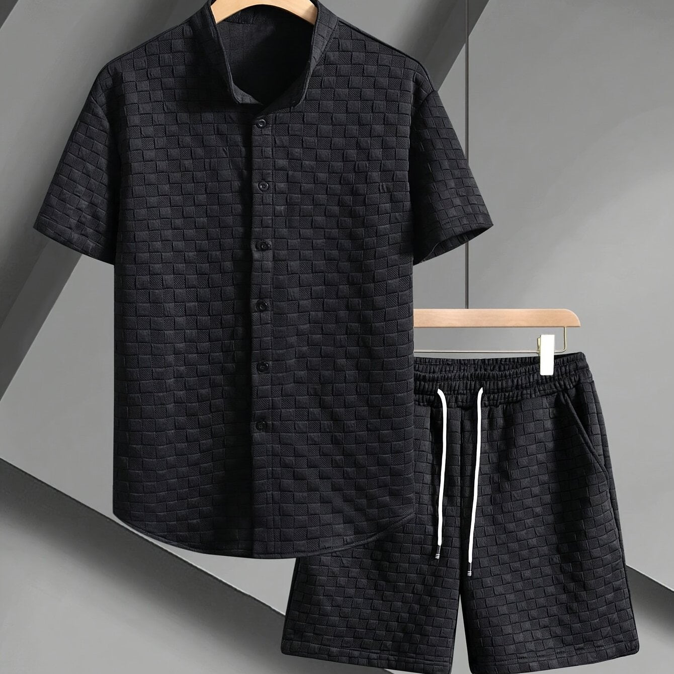Men'S Casual Short Sleeve Button-Up Shirt & Shorts Set - Solid Black, Breathable Polyester Blend, Regular Fit for Summer, Everyday Comfort, Casual Summer Wear | Buttonup Shirt | Polyester Blend