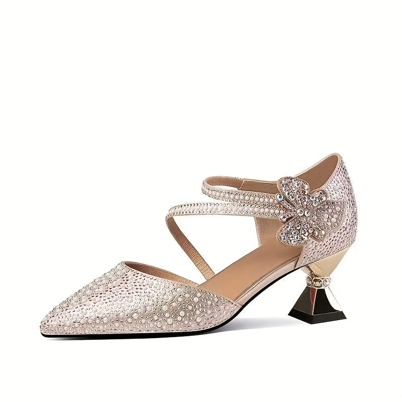 Women'S Sparkling Rhinestone-Embellished Pointed-Toe Mid-Heel Shoes - Elegant Summer Dress Shoes with Floral Bow Detail, Black Platform Sole, and Beige Canvas Upper for Weddings, Parties, and Formal Events, Formal Footwear