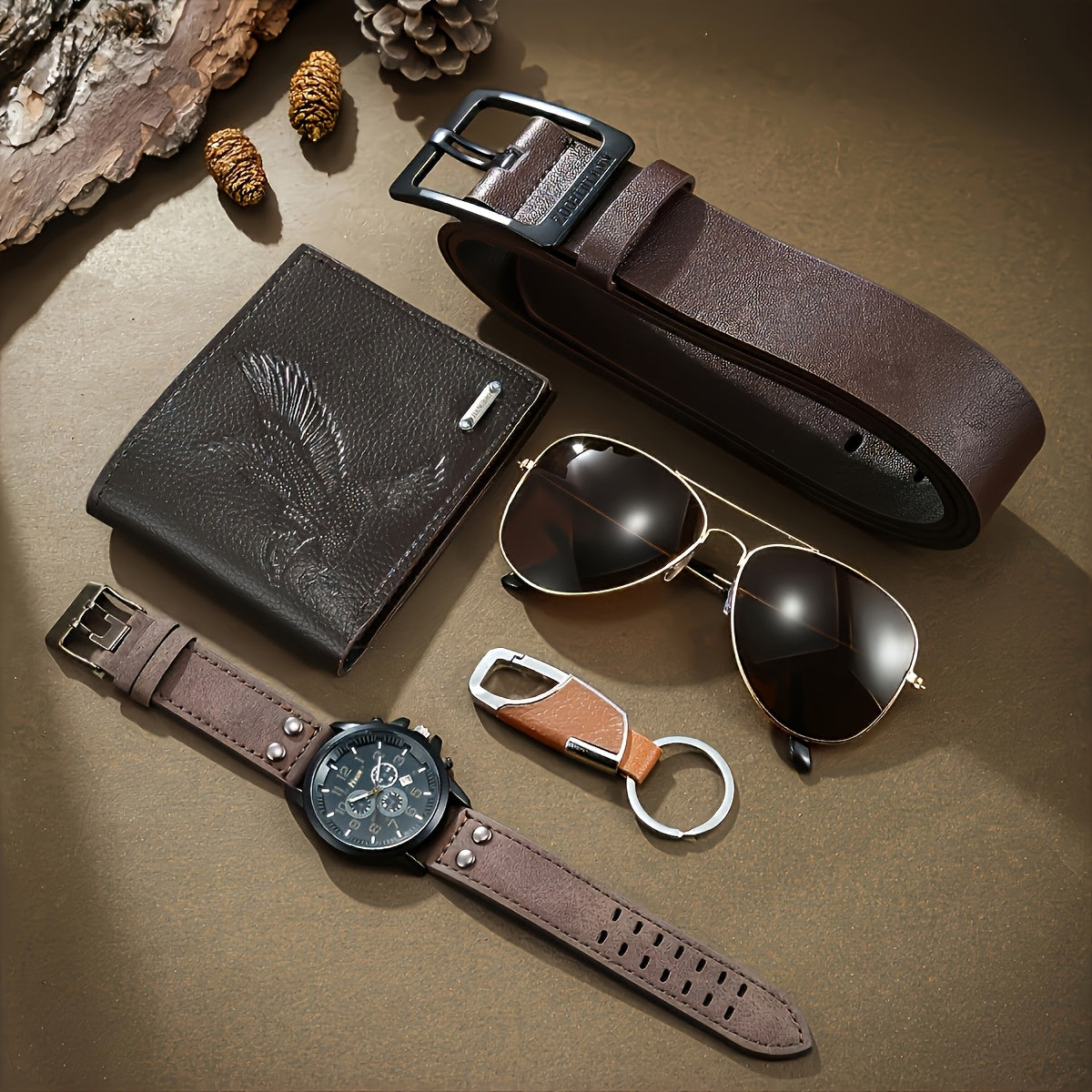 Classic 5pcs Men'S Fashion Casual Luxury Business Watch Set + Cool Fashion Glasses + Simple Wallet Belt Keychain, Perfect Party Holiday Gift