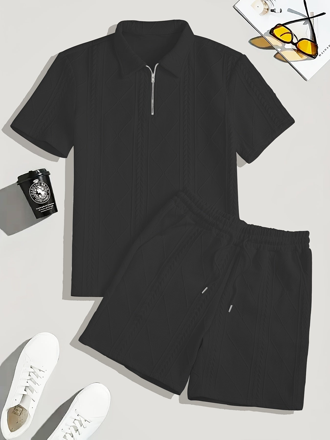 Men's Suit Short Sleeve Shorts Jacquard Casual Zipper Fashion Summer Outerwear Two Piece Set