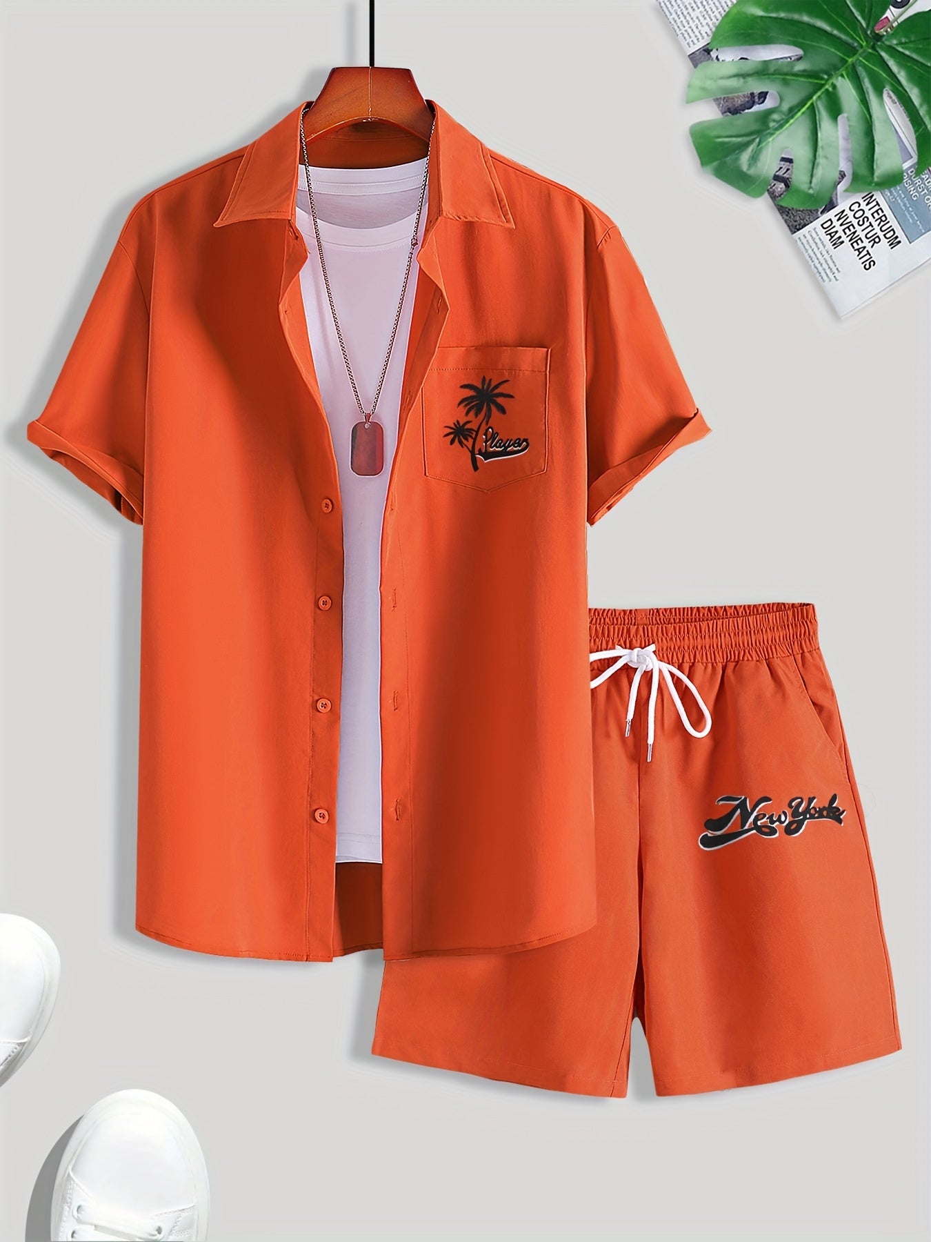 2-piece Men's Stylish Summer Beach Wear Set, Letter Print Men's Short Sleeve Lapel Shirt With Chest Pocket & Drawstring Shorts Co Ord Se