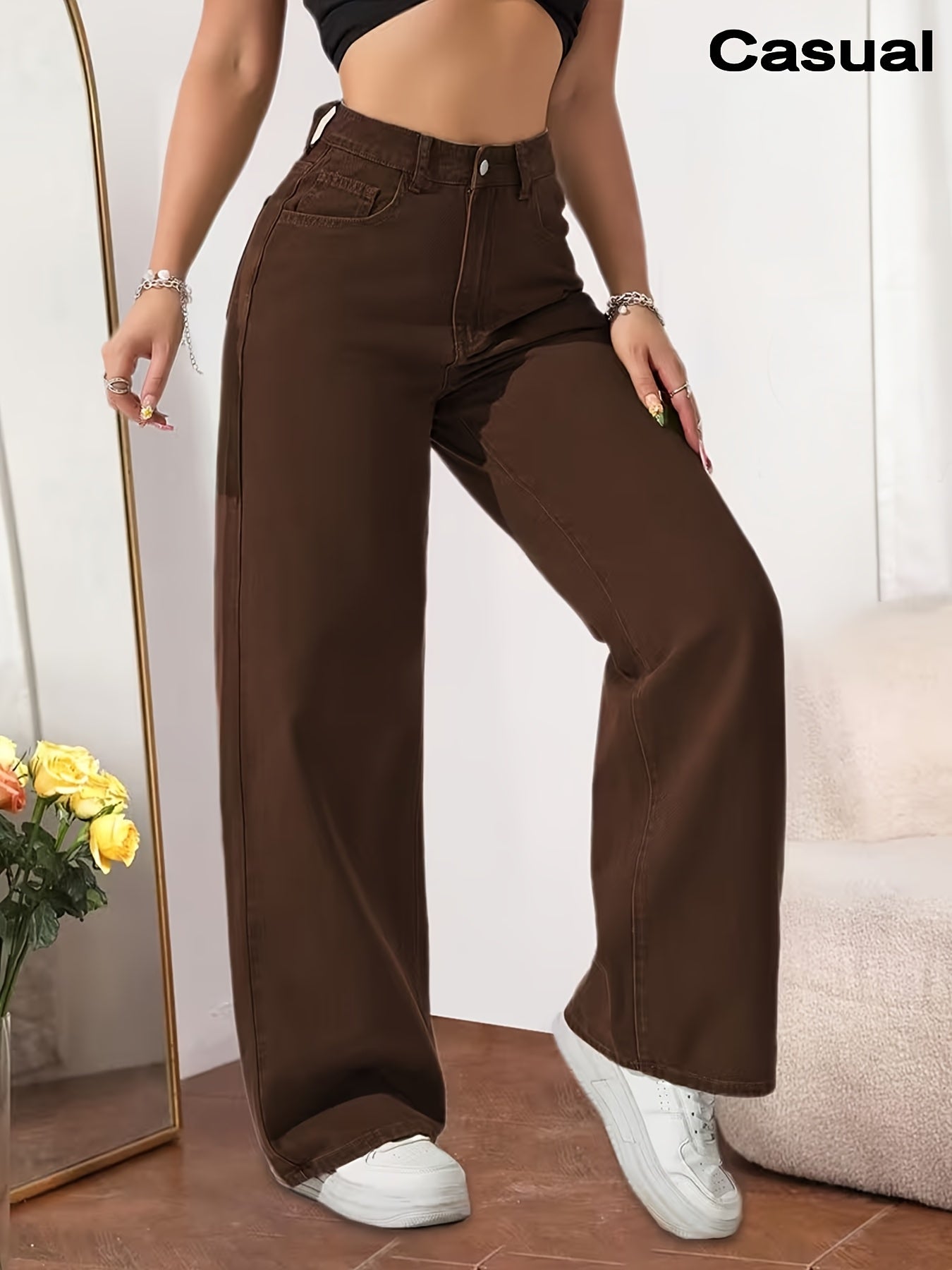 Women’s Stretch Wide-Leg Coffee Denim Jeans with Pockets