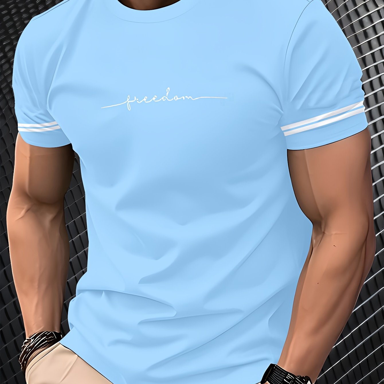 Men'S "Freedom" Graphic T-Shirt - Black Casual Crew Neck Tee with White Stripes, Breathable Polyester Blend, Regular Fit for Casual Attire, Everyday Tshirt Bold Print Tee Comfortable Fit, Knit