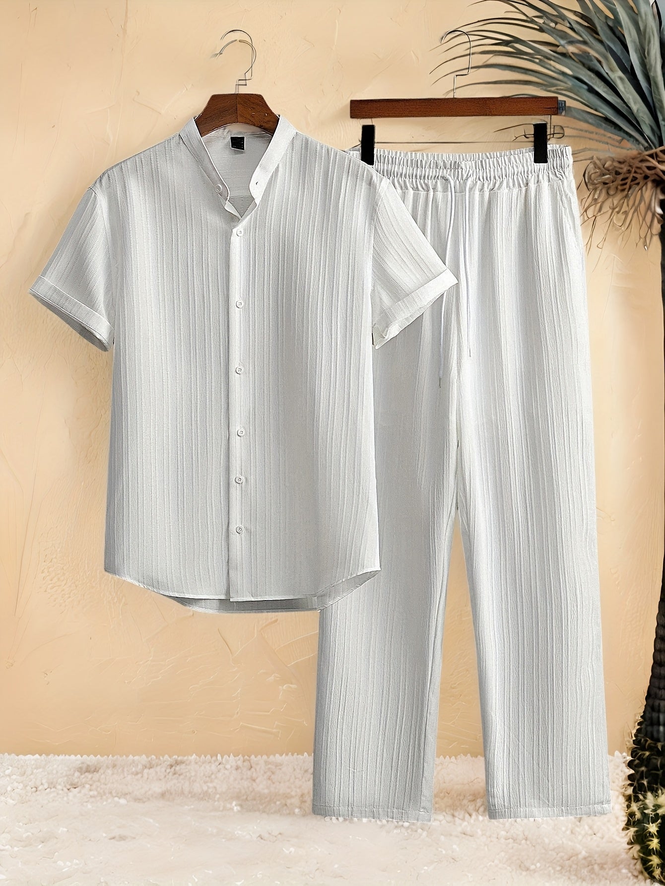 Casual 2pcs Set: Short Sleeve Stand Collar Shirt + Tie Straight Leg Pants, Suitable for Vacation Beach Outdoor Leisure Party